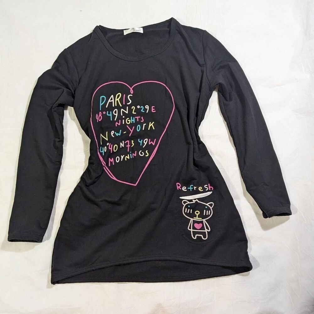 Paris Nights New York Mornings Heart Small Black Long sleeved Tunic tshirt NWOT